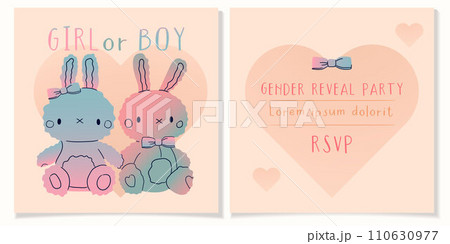 Gender Reveal banners girl or boy.iIvitation cards for baby and kids new born celebration,rsvp.Little rabbit bunny toys gradient color blue and pink. Vector illustration 110630977