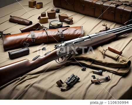 There's a hunting rifle on the table. Generative AI 110630994