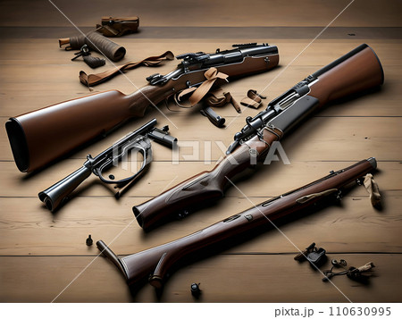 Two hunting rifles lying on the table. Generative AI 110630995