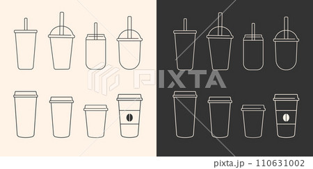 Coffee cup icon set isolated.Plastic cup icons collection.Disposable mug of different shapes and sizes.Plastic container for hot,cold drink,juice,tea.Ideal for logo,menu. Vector illustration 110631002
