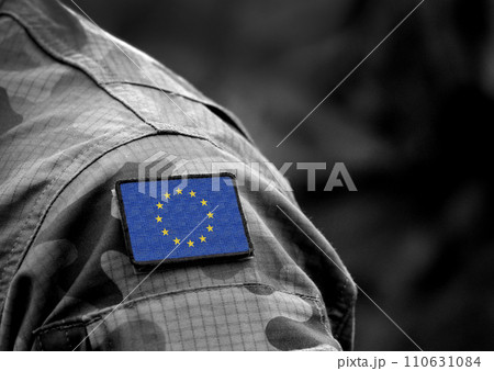 The Flag of Europe on military uniform. Collage. 110631084