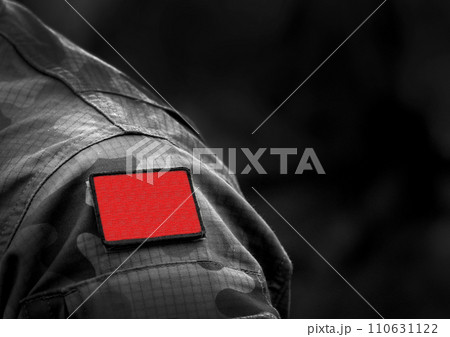 Red flag on military uniform. Socialist or communist red flag. Anarchism Red flag. Red flag on military uniform. Socialist or communist red flag. Anarchism Red flag. 110631122