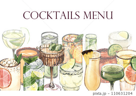Cocktail glasses: martini, gin, margarita, mojito, liquor, rum, moscow mule. Watercolor hand-drawn illustration isolated on white background. Perfect for bar menu with alcoholic drinks, for cafe 110631204