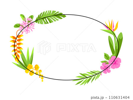 Frame with tropical flowers. Decorative exotic foliage and plants. 110631404