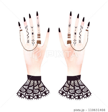 Thin arms with black manicure, rings, mystical tattoos with a snake, an eye and magical symbols, a chain and a lace sleeve. Clipart. Isolated watercolor illustration on white background. Thin arms with black manicure, rings, mystical tattoos with a snake, an eye and magical symbols, a chain and a lace sleeve. Clipart. Isolated watercolor illustration on white background. 110631408