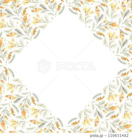 Watercolor floral frame in diamond shape with beautiful yellow mimosa. Botanical illustration drawn by hand. Use for wedding design, greeting cards, March 8, Mother's Day, invitations, posters, logos. 110631482