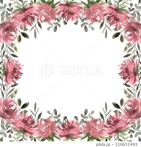 Watercolor floral frame from compositions of red asters with green leaves and branches. Hand drawn illustration of botanical template for greeting cards or wedding invitations, mother's day, birthday, Watercolor floral frame from compositions of red asters with green leaves and branches. Hand drawn illustration of botanical template for greeting cards or wedding invitations, mother's day, birthday, 110631493