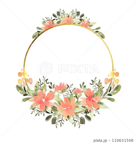 Floral watercolor round frame with orange, yellow flowers and greenery, frame with gold texture. Hand drawn illustration of botanical template for greeting cards or wedding invitations, mother's day,  110631506