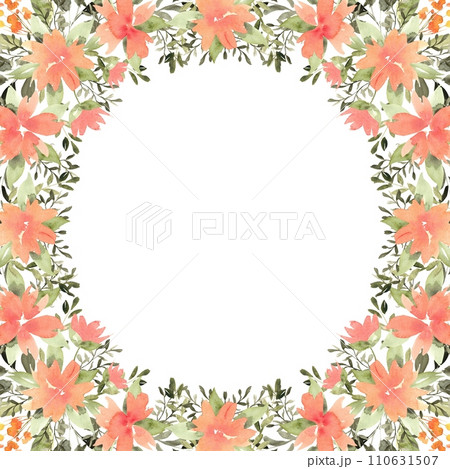 Watercolor floral frame from compositions of orange flowers with green leaves and branches. Hand drawn illustration of botanical template for greeting cards or wedding invitations, mother's day, birth 110631507