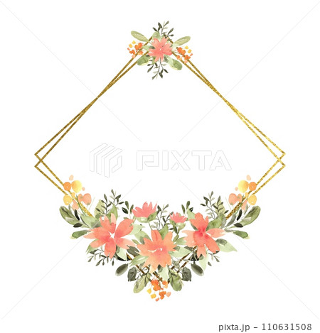 Watercolor floral square frame with compositions of orange, yellow flowers and greenery, frame with gold texture. Hand drawn illustration of botanical template for greeting cards or wedding invitation 110631508