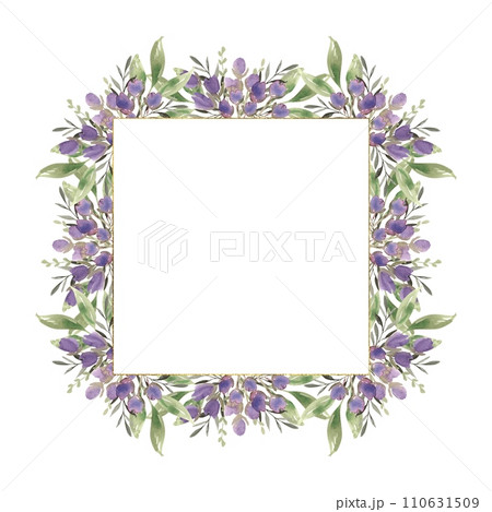 Watercolor floral frame with purple flowers and greenery. Hand drawn illustration of botanical template for greeting cards or wedding invitations, mother's day, birthday, march 8, posters, logos. 110631509