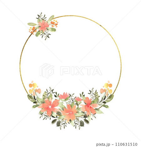 Floral watercolor round frame with orange, yellow flowers and greenery, frame with gold texture. Hand drawn illustration of botanical template for greeting cards or wedding invitations, mother's day,  110631510