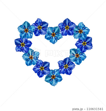 Blue floral heart with delicate forget me not flowers painted in watercolor. Illustration of flower composition for wedding invitations, card valentine's day, wedding, stickers, scrapbook, love Blue floral heart with delicate forget me not flowers painted in watercolor. Illustration of flower composition for wedding invitations, card valentine's day, wedding, stickers, scrapbook, love 110631581