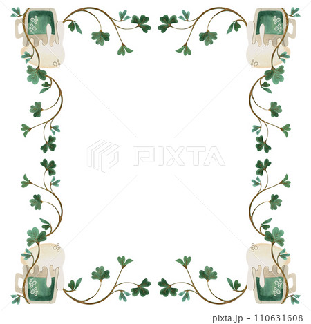 Frame of twigs of shamrock clover with mugs of green ale. Decoration for St. Patrick's Day. Isolated watercolor illustration on white background. Clipart. Frame of twigs of shamrock clover with mugs of green ale. Decoration for St. Patrick's Day. Isolated watercolor illustration on white background. Clipart. 110631608