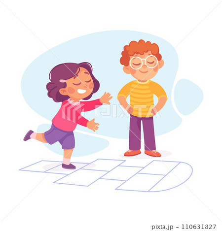 Happy Boy and Girl Playing Hopscotch Game Having Fun Vector Illustration Happy Boy and Girl Playing Hopscotch Game Having Fun Vector Illustration 110631827