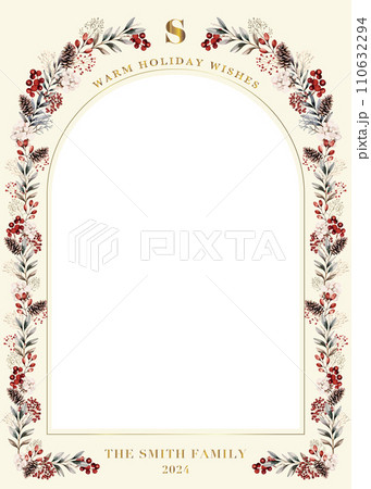 植物と小花のおしゃれなフレームのカードデザイン。クリーム色 植物と小花のおしゃれなフレームのカードデザイン。クリーム色 110632294