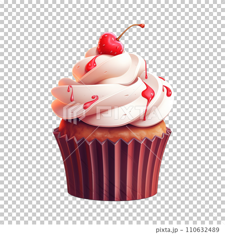 Cupcake with White Frosting and a Cherry. AI generated image 110632489
