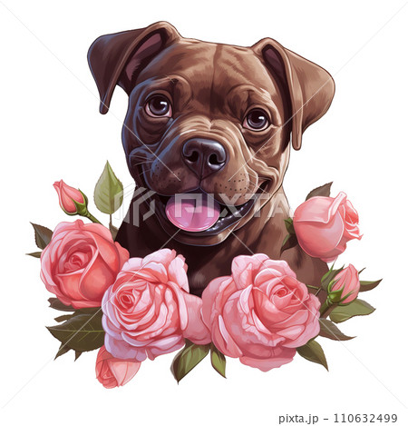 Dog with Pink Rose on the Neck. AI Generated Image Dog with Pink Rose on the Neck. AI Generated Image 110632499