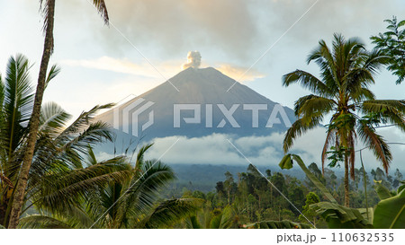 Eruption of Volcano Semeru on the island of Java. The volcano emits ash and smoke. Natural disaster. December 2022. 110632535