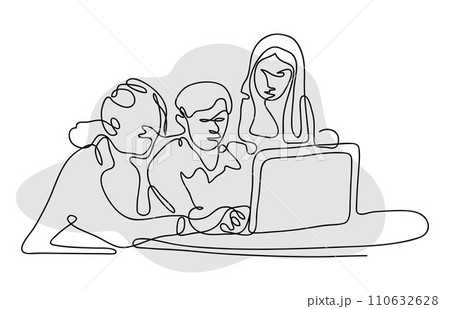 One line image of a man and two women working on a laptop One line image of a man and two women working on a laptop 110632628