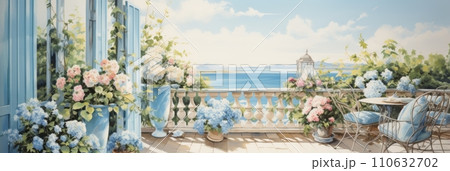 Watercolor illustration of colorful different potted flowers on a balcony or terrace, bright balcony with flowers, banner 110632702