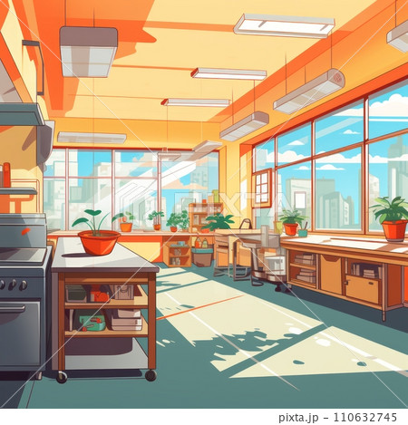 Illustration of an empty school or university kitchen with large windows and cooking utensils Illustration of an empty school or university kitchen with large windows and cooking utensils 110632745