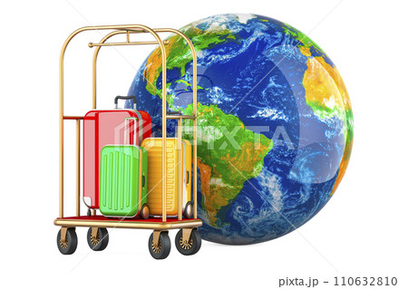 Earth Globe with hotel luggage trolley cart with baggage. 3D rendering 110632810