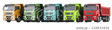 Tipper Trucks, row from colored dump trucks. 3D rendering Tipper Trucks, row from colored dump trucks. 3D rendering 110632816