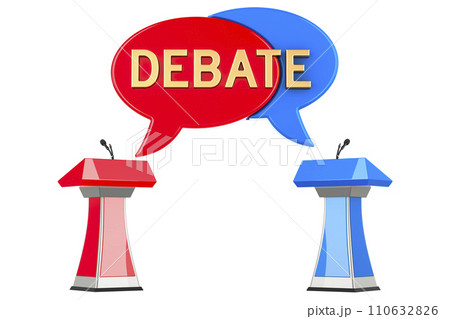 Debate, concept with microphones and tribunes. 3D rendering Debate, concept with microphones and tribunes. 3D rendering 110632826