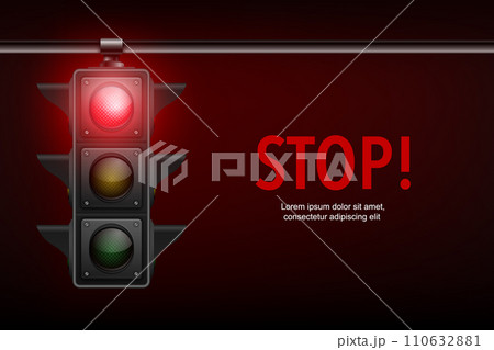 Vector Realistic Banner with Hanging Traffic Light with Glowing Red Prohibiting Signal Isolated on Black Background Vector Realistic Banner with Hanging Traffic Light with Glowing Red Prohibiting Signal Isolated on Black Background 110632881