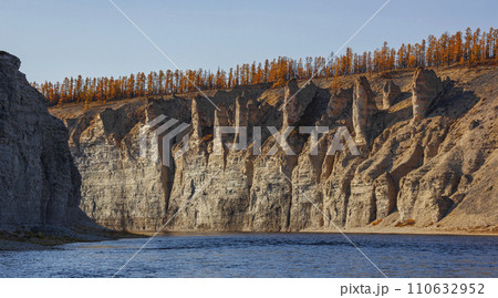 Water landscape and the rapid flow in the bed of the taiga river. 110632952