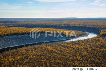 Autumn bright larch taiga in the floodplain of the northern Siberian river. Autumn bright larch taiga in the floodplain of the northern Siberian river. 110632959