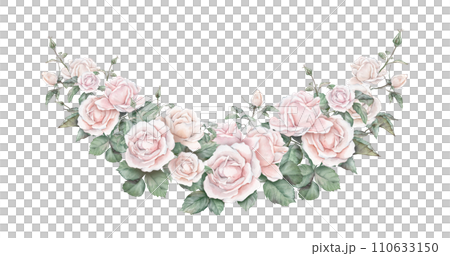 Watercolor frame illustration white cream rose and green leaves isolated on white background. Border hand painted natural plant twigs with light peach fuzz color roses rose for design postcards 110633150