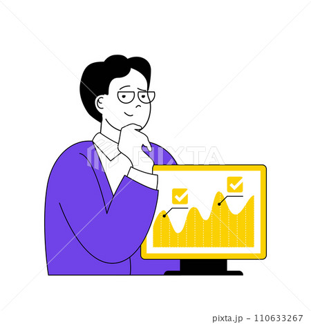 Online voting concept with cartoon people in flat design for web. Man takes part in democratic vote and analyzing exit poll data graph. Vector illustration for social media banner, marketing material. 110633267