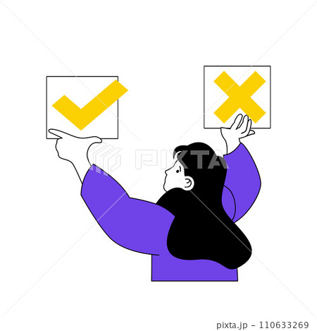 Online voting concept with cartoon people in flat design for web. Woman choosing political candidates and giving approve tick in quiz. Vector illustration for social media banner, marketing material. 110633269