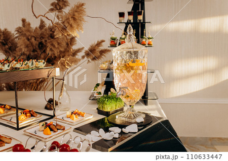 Assortment of delicious snacks on the open buffet festive table in restaurant. Catering plate Assortment of delicious snacks on the open buffet festive table in restaurant. Catering plate 110633447