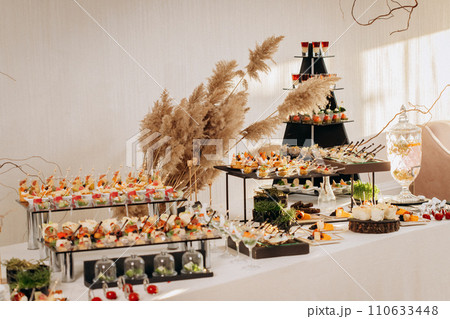 Assortment of delicious snacks on the open buffet festive table in restaurant. Catering plate Assortment of delicious snacks on the open buffet festive table in restaurant. Catering plate 110633448