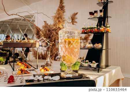 Assortment of delicious snacks on the open buffet festive table in restaurant. Catering plate Assortment of delicious snacks on the open buffet festive table in restaurant. Catering plate 110633464