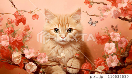 A small kitten on a branch of a flowering tree. A small kitten on a branch of a flowering tree. 110633659