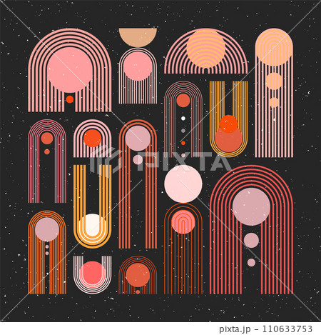 Mid century arch, circle elements, modern geometric shapes with grunge texture. Contemporary design, minimalist art. Trendy design elements for wall decor, posters, books, covers. Vector illustration Mid century arch, circle elements, modern geometric shapes with grunge texture. Contemporary design, minimalist art. Trendy design elements for wall decor, posters, books, covers. Vector illustration 110633753