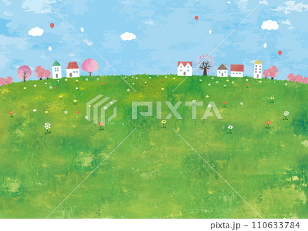 草原と桜の木の街並み水彩画 草原と桜の木の街並み水彩画 110633784