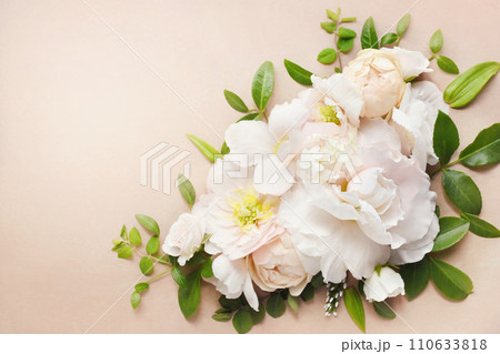 Delicate blooming festive begonia flowers and pink summer roses, blossoming rose flower soft pastel background, bouquet floral card, selective focus 110633818