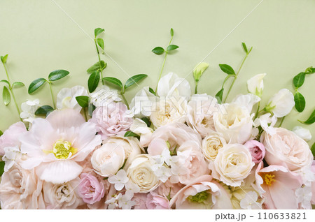 Delicate blooming festive begonia flowers and pink summer roses, blossoming rose flower soft pastel background, bouquet floral card, selective focus Delicate blooming festive begonia flowers and pink summer roses, blossoming rose flower soft pastel background, bouquet floral card, selective focus 110633821