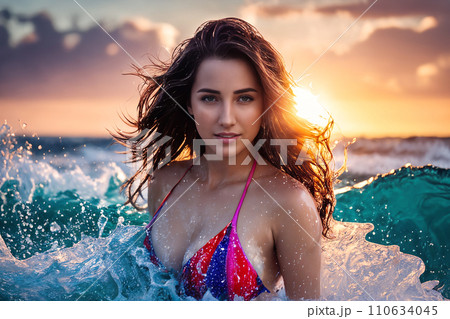 Beautiful girl among the sea waves 110634045