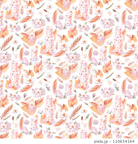 Seamless tropical floral pattern, pastel dry palm leaves, boho tropical flower, cake, rose. Watercolor illustration design for fashion textile, texture, fabric, wallpaper, cover. 110634164