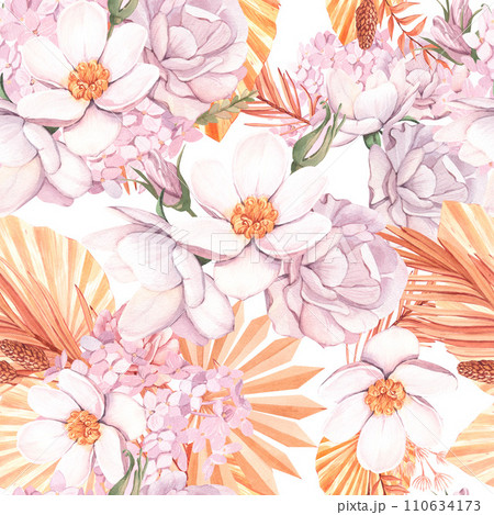 Seamless tropical floral pattern, pastel dry palm leaves, boho tropical flower, rose. Watercolor illustration design for fashion textile, texture, fabric, wallpaper, cover. 110634173