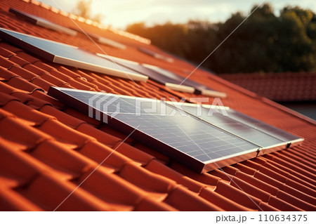 AI-generated content. Solar panels, photovoltaics on red roof tiles of house with eco alternative electricity source for life AI Generation 110634375