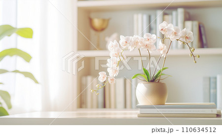 気持ちの良い部屋の観葉植物と本 books plants in room AI生成画像 110634512