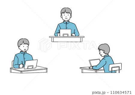 机に向かいタブレット学習をする制服の男子学生 机に向かいタブレット学習をする制服の男子学生 110634571