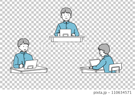 机に向かいタブレット学習をする制服の男子学生 机に向かいタブレット学習をする制服の男子学生 110634571